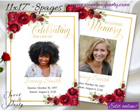 Red Roses Funeral Program 11x17" 8 pages,Red Roses Memorial Service Program,(16f)
